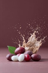 cacao beans, red berries, and cream against a dark maroon background