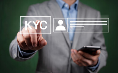 Businessman Touching Virtual KYC Know Your Customer Interface with Smartphone