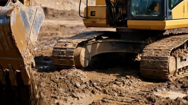 Medium shot of a backhoe loader digging into wet soil showcasing efficient excavation and soil removal in a muddy construction site.