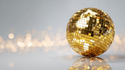 Shiny gold disco ball reflecting on smooth surface with bokeh lights in the background for festive and party decor concept