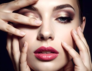 Captivating Portrait of a Beautiful Woman Adorned with Exquisite Makeup, Her Hands Gracefully Highlighting Her Eyes and Features in a Glamorous Style
