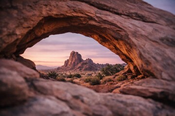 Natural sandstone arch framing distant mountains at sunrise, desert landscape view through rock window with soft pastel sky.