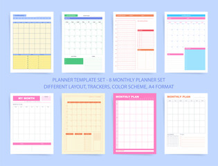 Monthly planner template set of eight A4 printable designs with calendars, trackers and to-do sections. Colorful layouts with notes and goals areas; vector collection for organizing schedules.