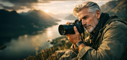 Experienced photographer holding camera at mountain viewpoint during sunset, travel photography and creative hobby.