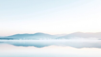 Obraz premium Tranquil Lake Scene with Mountains and Mist at Dawn in Pastel Hues