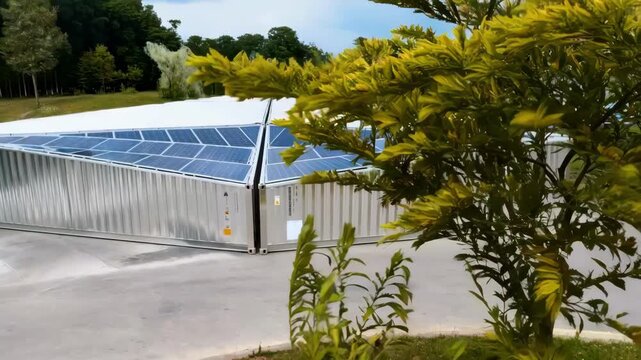 Medium shot capturing solarpowered cold storage containers in an industrial area emphasizing ecofriendly refrigeration technology for temporary storage needs.