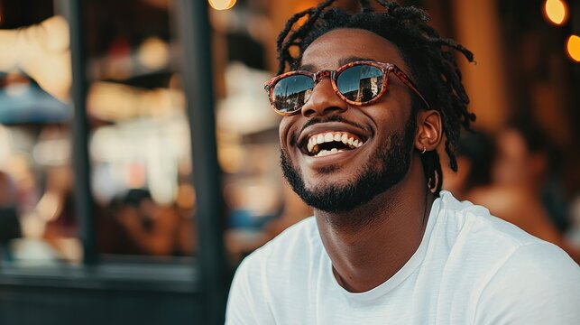 A man with dreadlocks and sunglasses laughing outside a restaurant.