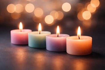 Four pastel tealight candles burning on tabletop with soft bokeh background, cozy winter ambience and peaceful mood.