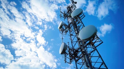 A telecommunications tower against a blue sky with white clouds.