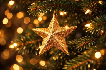 Glittering gold star ornament hanging on Christmas tree branch with warm bokeh lights, festive holiday decoration close-up.