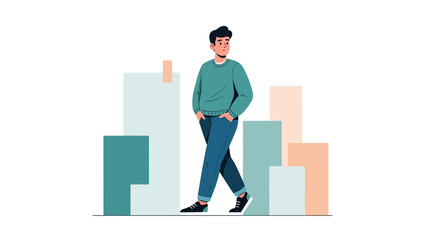 Stylish young man casually walking amid modern abstract cityscape background