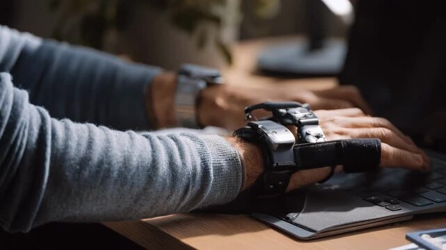 Medium shot of a stenographer using an ergonomic wearable device that supports wrist movement enhancing comfort during long transcription sessions.