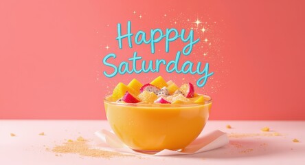 Colorful Fruit Bowl with Happy Saturday Text on Pink Background