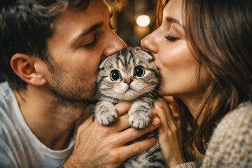 Couple kissing cute tabby kitten, cozy love and pet adoption concept, close-up portrait.