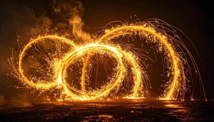 Captivating abstract streaks of golden light forming circular patterns against a dark, textured background, evoking a sense of energetic flow and wonder