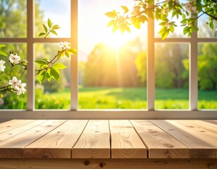 empty wooden table with green grass