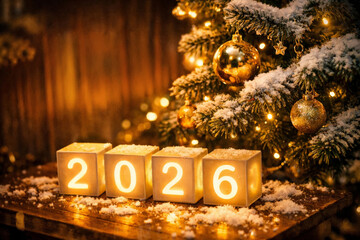 Festive 2026 new year cubes with neon sign and Christmas tree decorations, warm holiday lights and winter celebration.