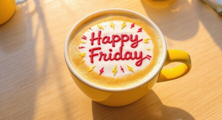 Bright Yellow Mug with Happy Friday Message on Latte Art in Warm Sunlight