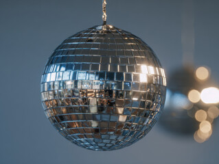 Obraz premium Shiny silver mirrored ball reflecting light and surroundings with a blurred second ball creating a glamorous festive atmosphere on a calm background