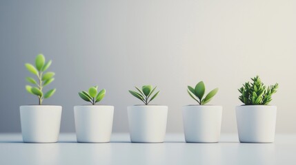 A row of five potted plants in white pots on a white surface.