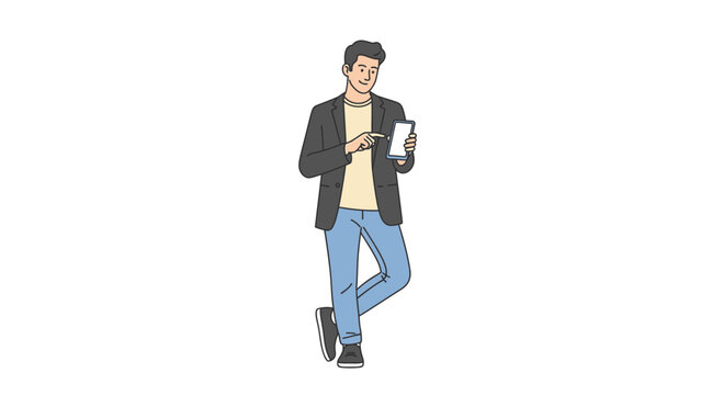 Casual young man using smartphone while leaning against a white background in a modern, relaxed