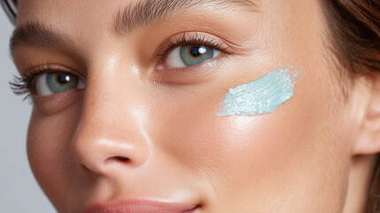 Close up of cheek contour with hydrated highlight pastel blue cream on smooth skin glowing with natural beauty and fresh healthy appearance