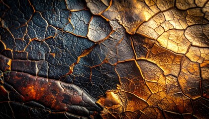 Close-up textured abstract of cracked surfaces, with elements resembling aged leather, dried earth, and burnt metallic sheen