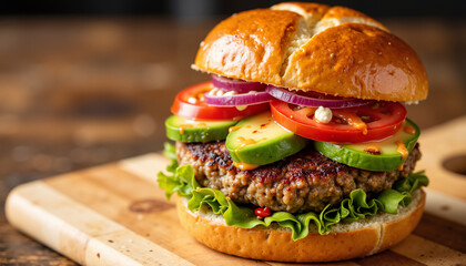 Vegan burger, appetizing, fresh ingredients on wooden board with copy space