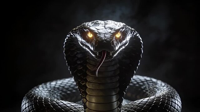 Closeup of a menacing black cobra with glowing yellow eyes and flickering tongue on a dark background.