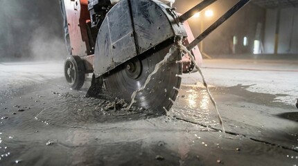 Construction worker using walk behind saw to cut concrete floor with water © DreamLab