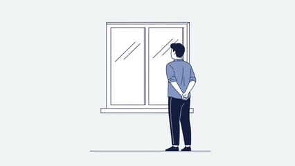 Contemplative man gazing out of a large window in an indoor setting minimalist illustration