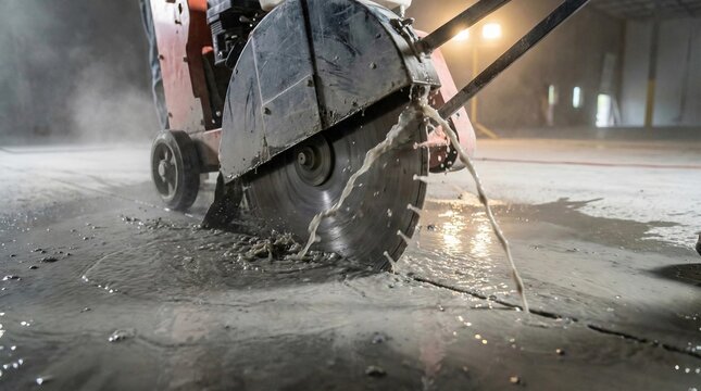 Construction worker using walk behind saw to cut concrete floor with water