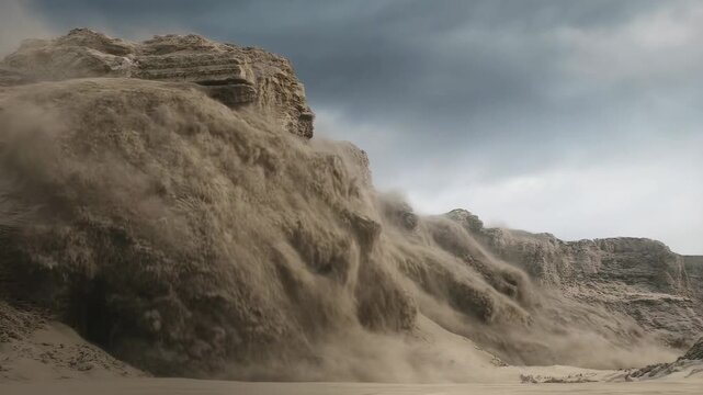 Dramatic rockslide cascading down a rugged cliffside in slow motion