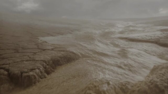 Raging mudflow surges across parched landscape under stormy skies