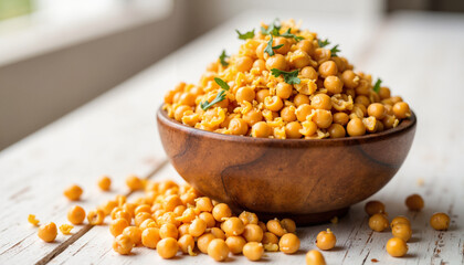 Chickpeas in bowl, vibrant, healthy food on wooden table with copy space
