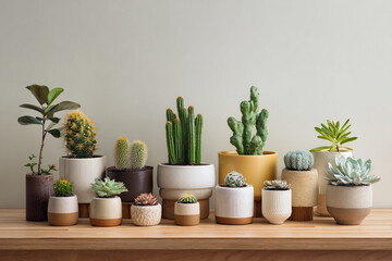 Fototapeta premium A variety of potted succulents and cacti displayed on a wooden shelf against a plain background