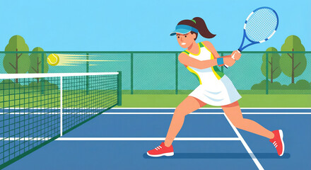 Fototapeta premium Illustrated tennis player hitting a tennis ball during a match on a blue outdoor court