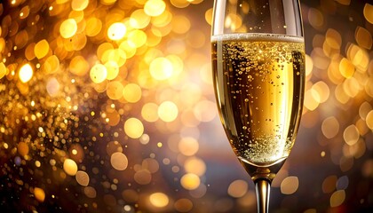 Sparkling champagne flute filled with bubbly liquid, set against a bokeh of golden lights, evoking celebration and luxury