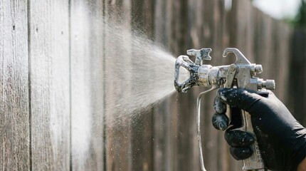Close up of spray gun painting wooden fence white outdoors