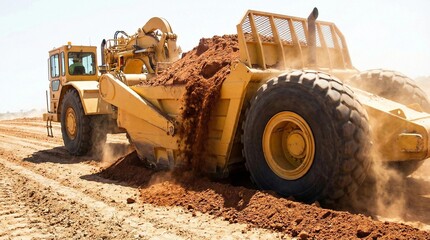 Heavy yellow scraper machine moving red dirt on construction site