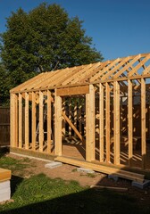 Freshly assembled timber framing skeleton standing ready for sheathing and roofing materials in a domestic backyard setting ,project ,renovation ,support