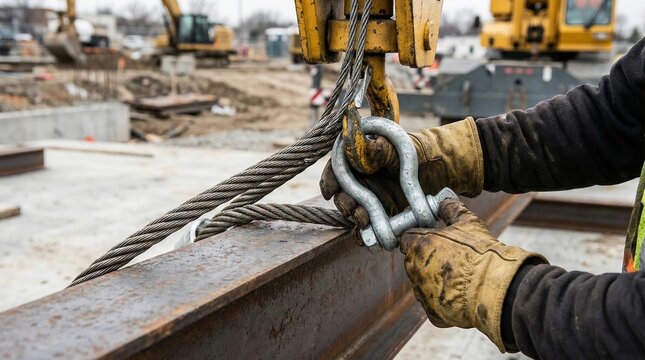 Construction worker rigging heavy steel shackle to crane hook