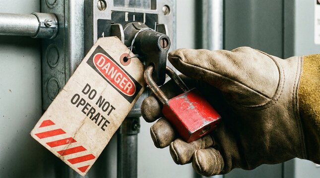 Electrician hand placing lockout tagout padlock on industrial breaker
