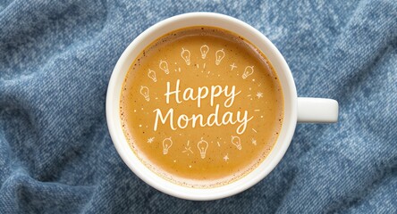 Coffee Cup with Happy Monday Message on Warm Beverage in White Mug Over Blue Fabric