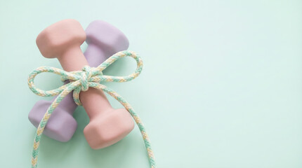 Pastel dumbbells  tied together with a jump rope in a decorative bow. Space for text. New Year goals, resolution, fitness, bodybuilding, healthy lifestyle,  challenge, overweight concept.	