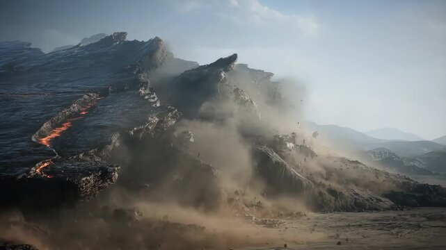 Dramatic mountain landslide with dust and rock fall in rugged terrain