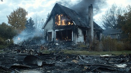 A house on fire with smoke and debris in the foreground and background.