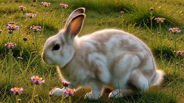 Adorable white and brown rabbit in a field of flowers