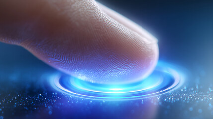 Macro of a finger pressing a glowing virtual button on a digital interface. Biometric authentication, touchscreen technology, cybersecurity, and futuristic user experience with copy space.