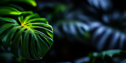 Fototapeta premium Monstera leaves with deep cuts in water droplets after spraying, close-up on a dark background, growing tropical plants for home or office